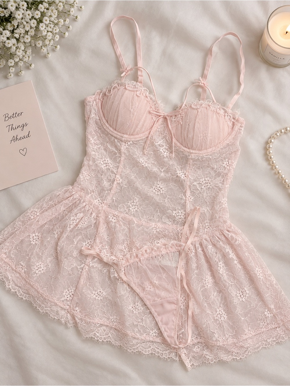 Romantic Light Pink Lace Babydoll Chemise with Matching Thong